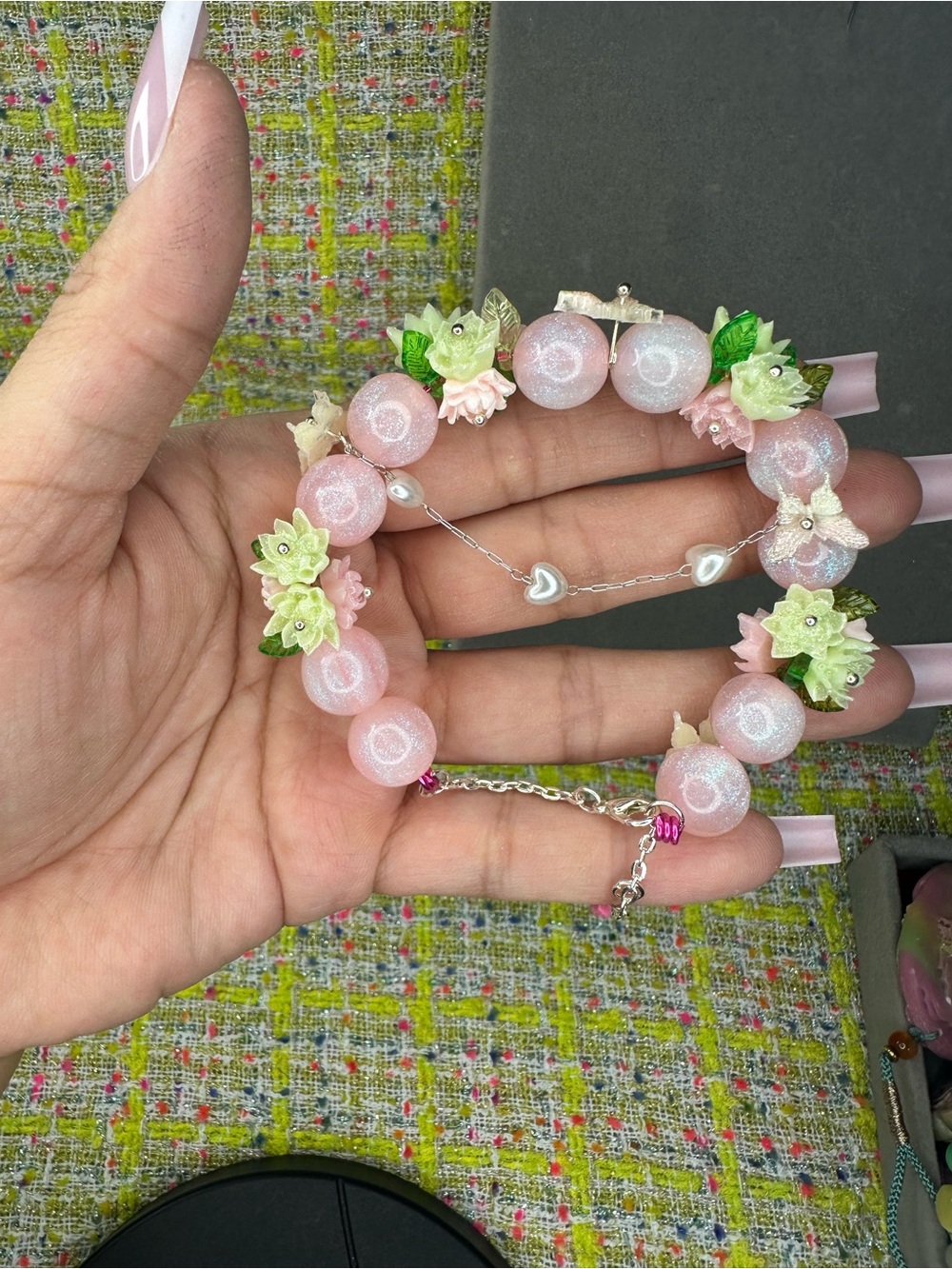 Handcrafted Pink Floral Beaded Bracelet